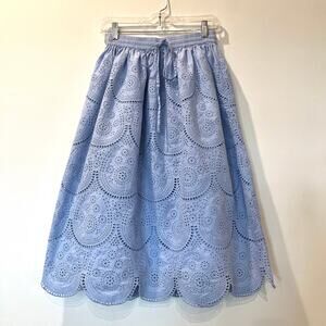 SUNO 100% cotton a line midi skirt Sz 0 blue embroidered eyelet scalloped hem